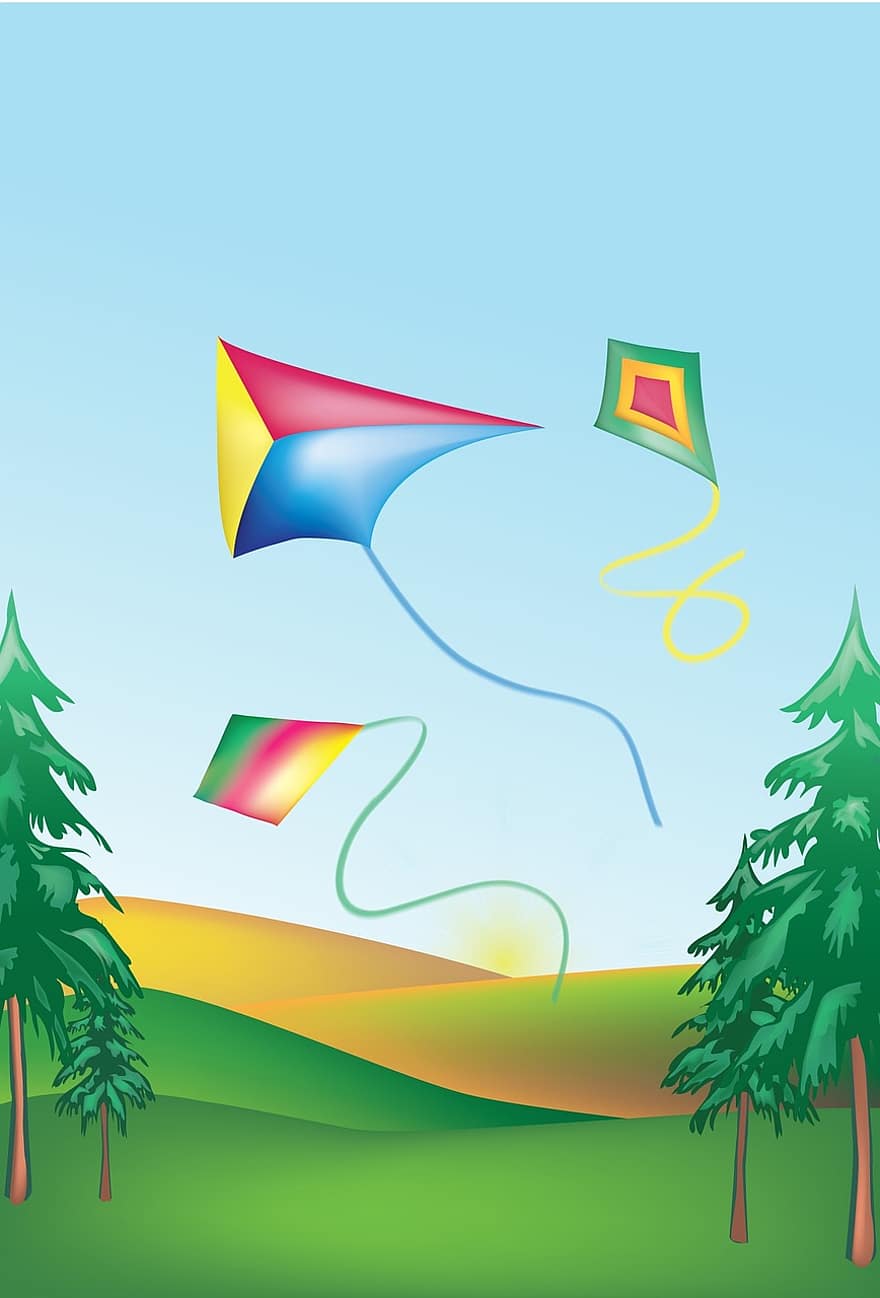 kites, tegning, luft, flyve, farverig, glad, design, flyvende drage, plakat