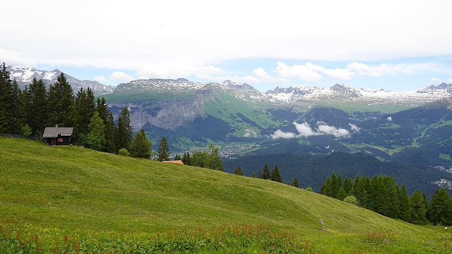 Berglandschaft, Bergpanorama, Grün, Berg, Gras, Wiese, Landschaft, grüne Farbe, Sommer-, ländliche Szene, Gipfel