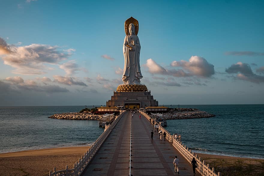 Buda, estatua, costa, santuario, Monumento, playa, paseo marítimo, cielo, puesta de sol, oscuridad, Guanyin