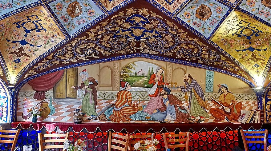 Irán, Perzsia, Iszfahán, kávézó, Bahar kávézó, falfestmény, Művészet