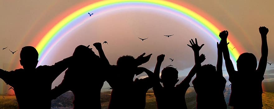 World Children's Day, Festival, Celebrate, Rainbow, Children, Silhouettes, Human, Joy, Group, Enthusiasm, Girl