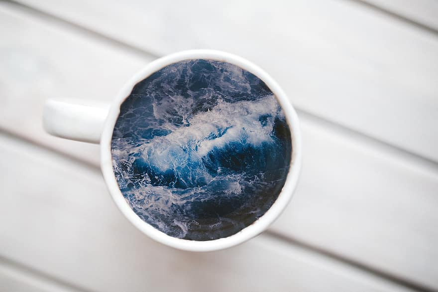 Cup, Storm, Sea, Water, Coffee, Table, Wood, Thunderstorm, Illusion