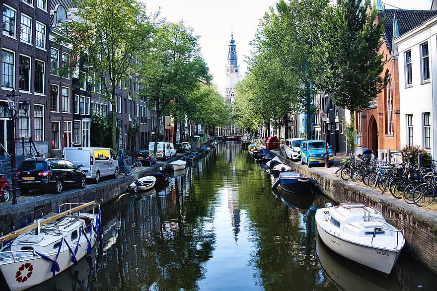 amsterdam, kanal, by, både, vandveje, bygninger, huse, by-