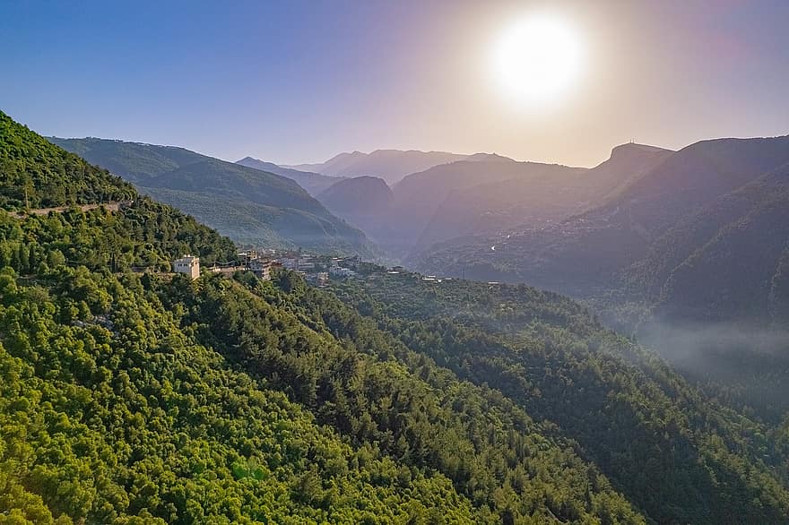 libanon, natur, udsigt, landskab, sol, himmel, bjerge, træer, Skov, antenne, drone