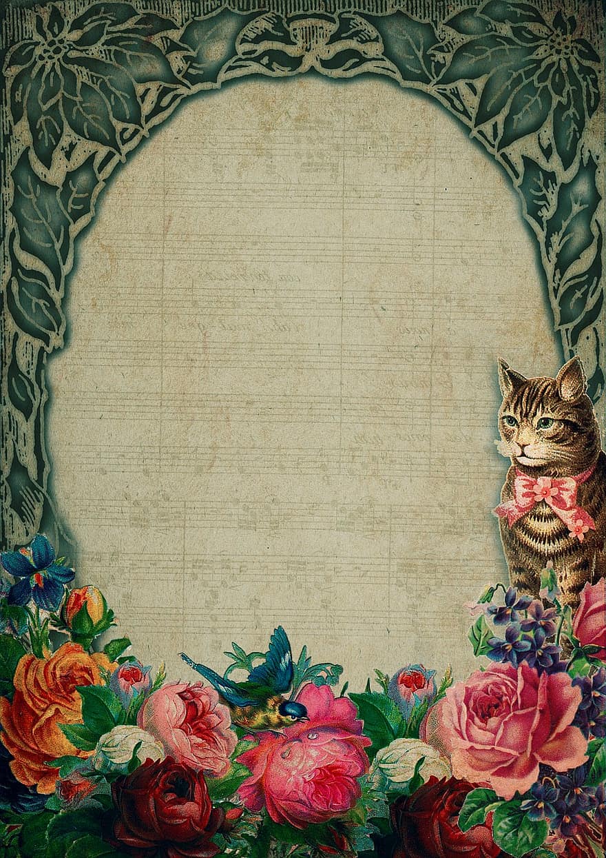 марочный, Рамка, цветы, кошка, Музыка, цветочный, бумага, романтик, копировать пространство, старый, ностальгия
