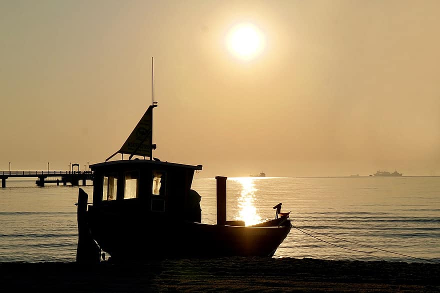 zee, boot, zonsondergang, zonsopkomst, zon, horizon, silhouet, achtergrondverlichting, vissersboot, kust-, kust