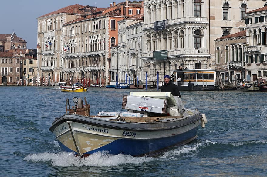 båt, Mann, Venezia, kanal, bygninger, by, arkitektur, Italia, vann
