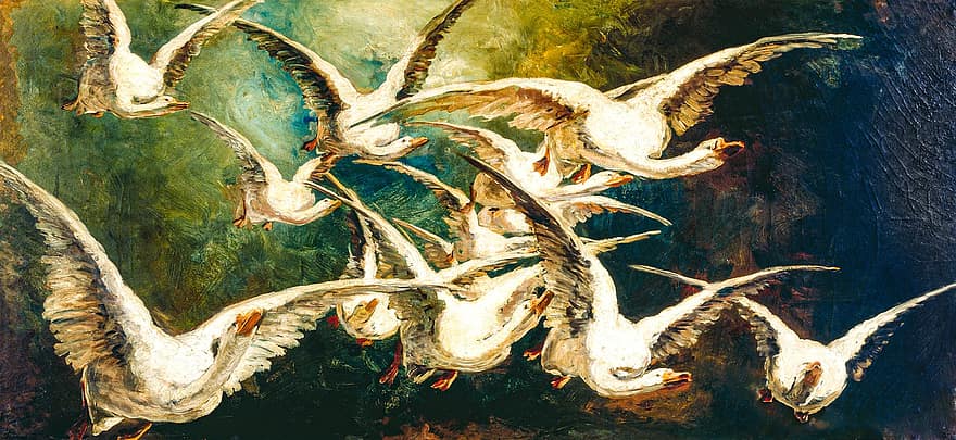 τέχνη, χήνες, 1883, Ελίζαμπεθ Νουρς, σμήνος, ζωγραφική, λάδι, κρασί, πουλιά, πέταγμα, δραματικός