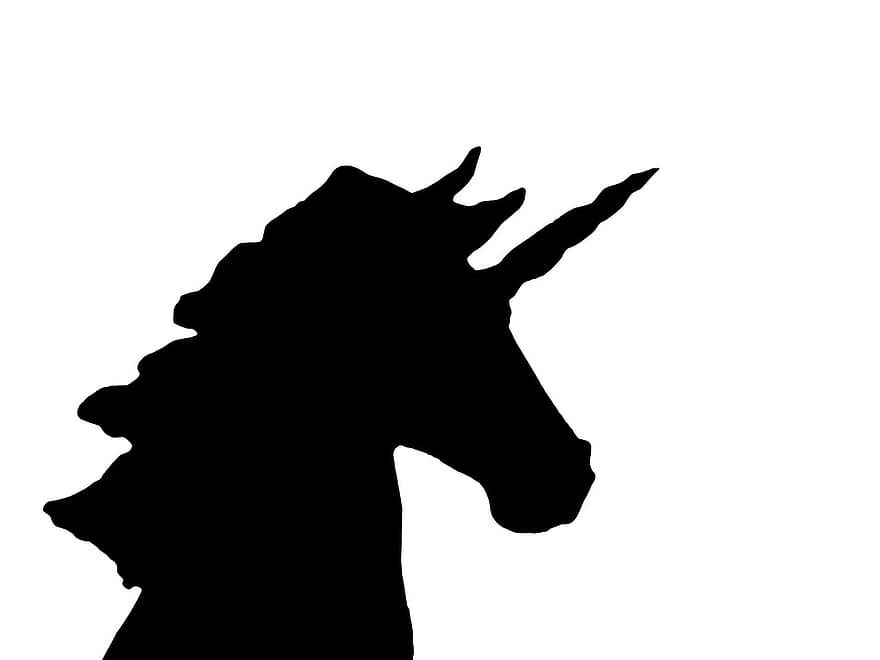 unicorno, corno, cavallo, fantasia, Sagoma di unicorno, silhouette, schema, nero, bianca, isolato, purezza