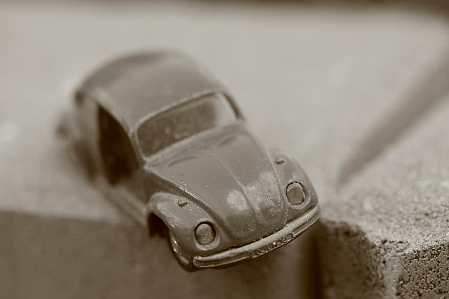 Auto, Modell-, alt, Käfer, Volkswagen, beschädigt, Schwarz und weiß, Makro, einfarbig, Unfall