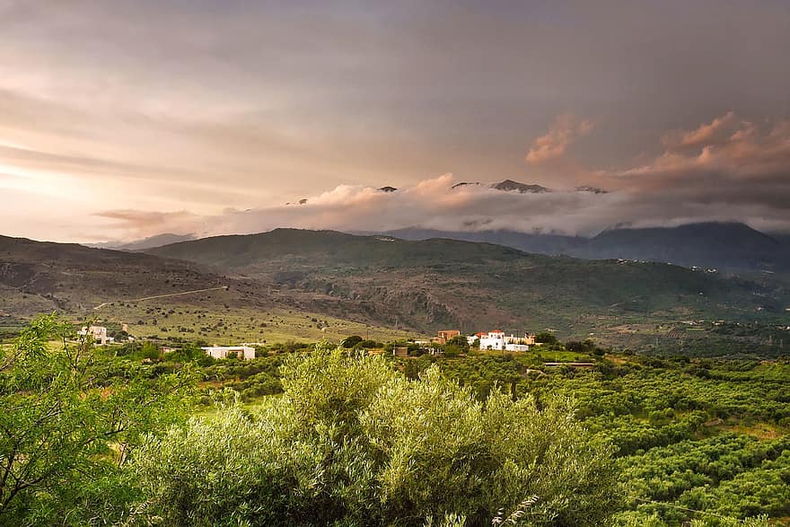 Mountains, Clouds, Valley, Fields, Landscape, Nature, Sky, Sunrise, Sunset, Scenic, Crete