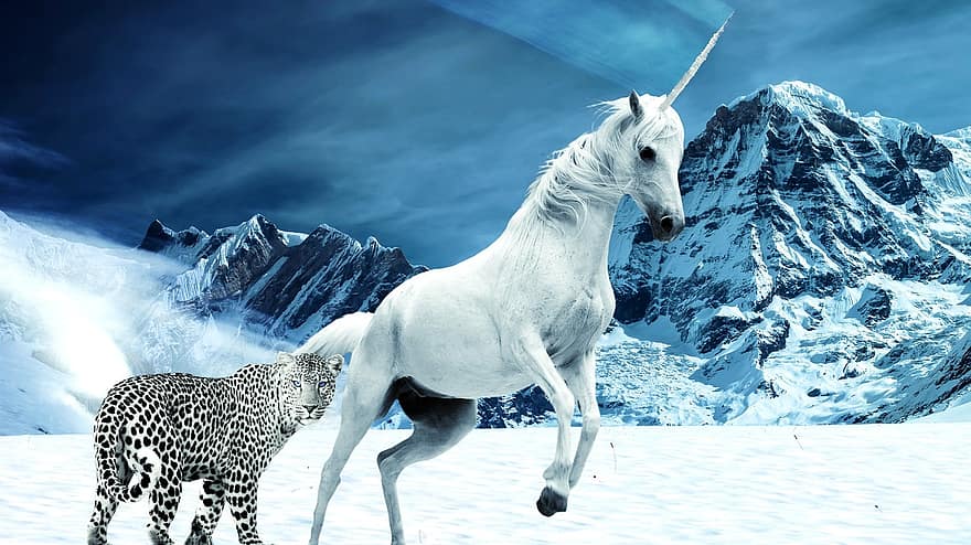 unicorn, criatures mítiques, màgia, paisatge, místic, fantasia, contes de fades, muntanyes, lleopard, hivern, neu