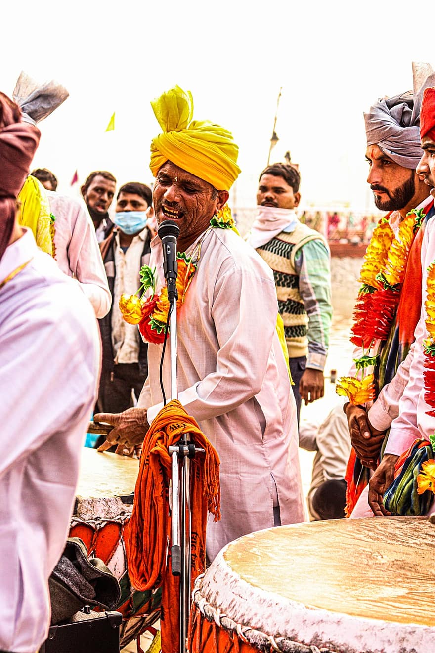 mennesker, herrer, indian, sanger, instrumenter, musik, mikrofon, gruppe, tradition, kultur, turban