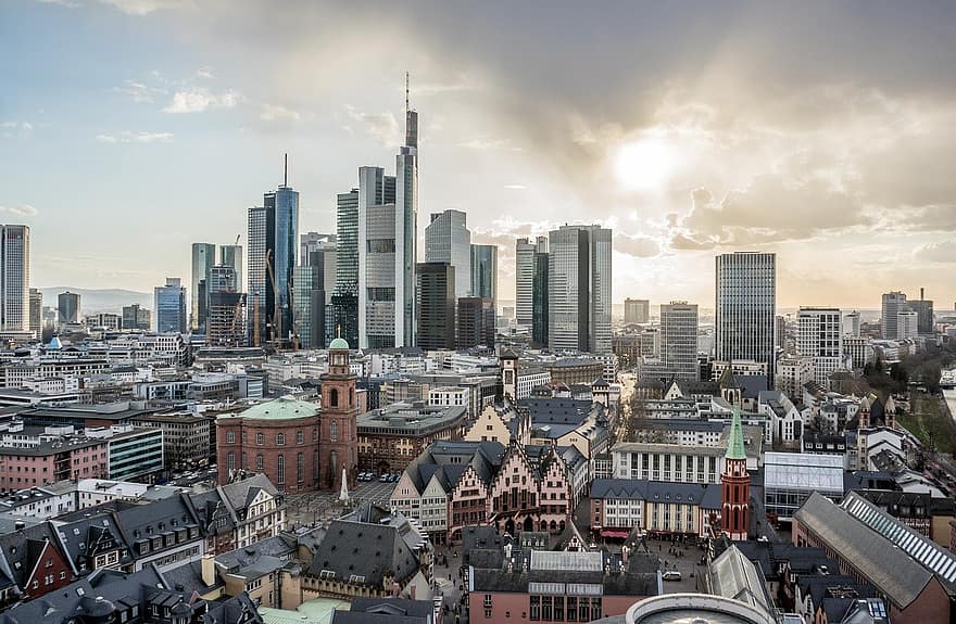 gebouwen, horizon, stad, wolkenkrabbers, architectuur, centrale zakenwijk, stedelijk, modern, stadsgezicht, Frankfurt, Duitsland