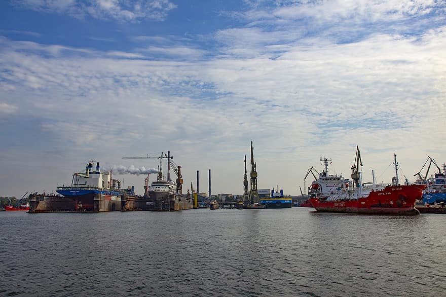 skibe, skibsværft, Gdańsk, Havn, læsserampe, hav, ocean