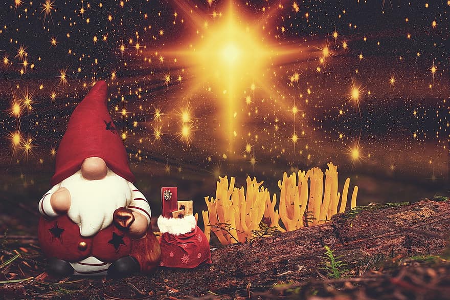 gnome, bossa de regal, regals, noel, Nadal, decoració, targeta, salutació, temporada, estrelles