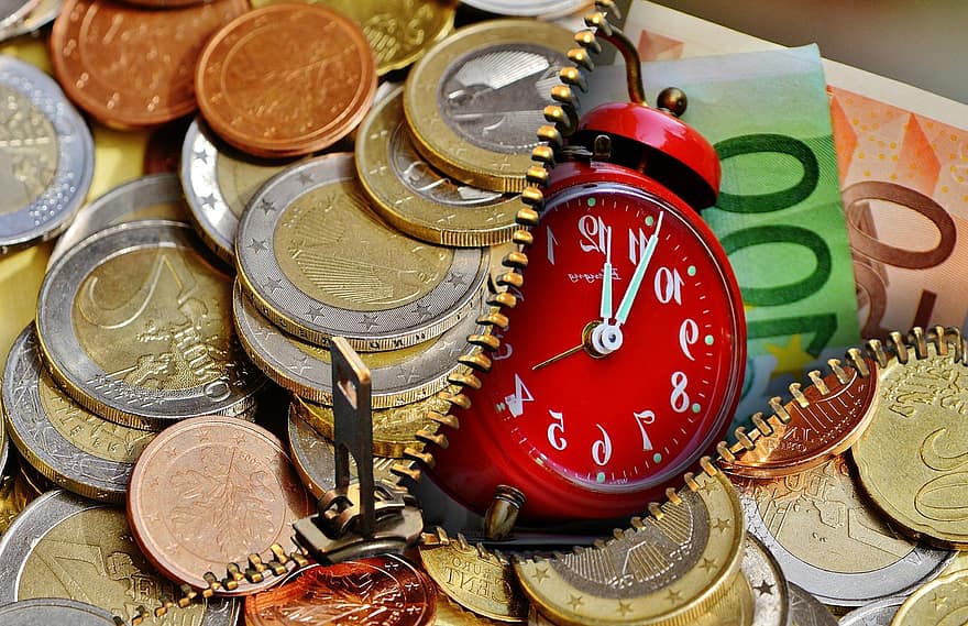 le temps, c'est de l'argent, devise, euro, l'horloge, réveil, argent, profit, carrière, profession, Trésorerie et équivalents de trésorerie, billet de banque