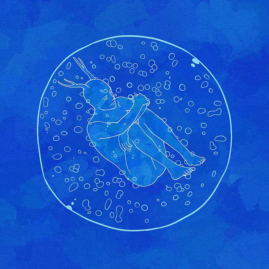 картина, клетка, спать, медитация, оленьи рога, Синяя медитация, Синий сон, Голубой Спящий, синяя картина