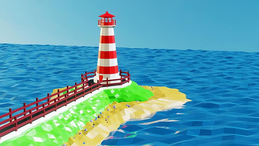 низький полі, маяк, море, вежі, 3D-модель, краєвид