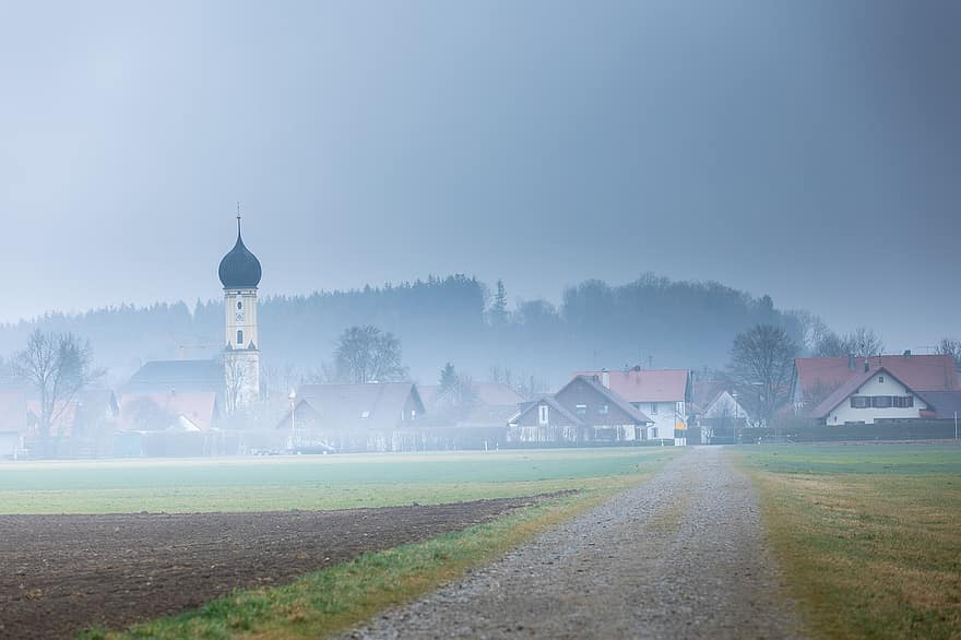 Dorf, Nebel, Landschaft, neblige Landschaft, Natur