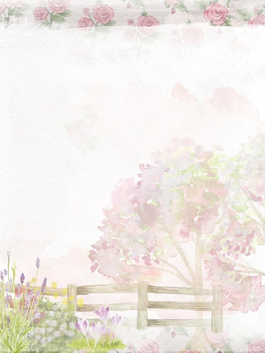 mjuk, rosa, reste sig, bakgrund, staket, buskar, träd, romantisk, kastruller, blommor, tulpaner