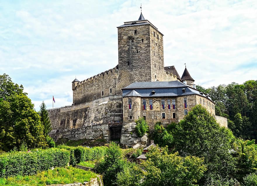 Kost Slot, slot, fæstning, bygning, middelalderlig, arkitektur, sten-, træer, buske, historie, gammel