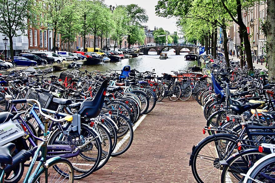Амстердам, велосипеди, зона за паркиране, канал, град, мост, паркинг, воден път, градски, на открито, велосипед