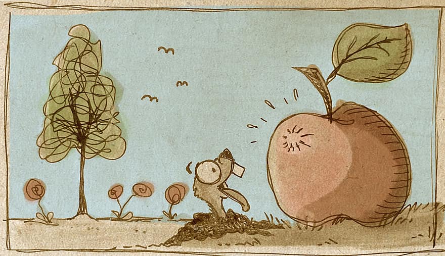tecknad serie, äpple, djur-, varelse, natur, utomhus, mat, Lycklig, nöjd