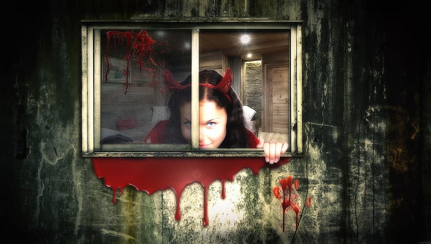 tapet, ung kvinna, flicka, hus, halloween, blod