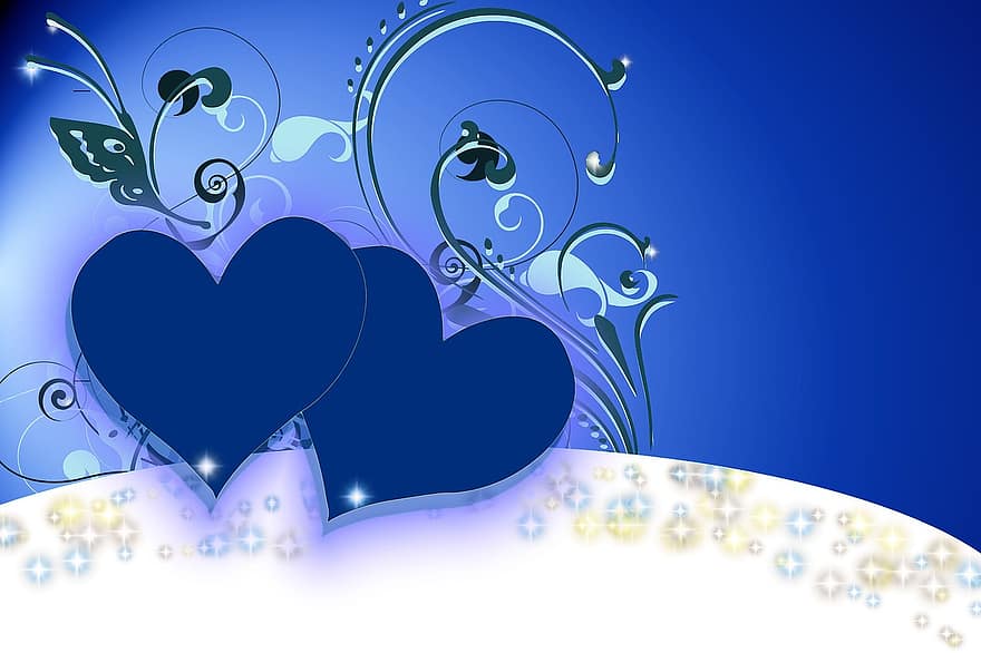 hjärta, kärlek, bakgrund, blommig, blå