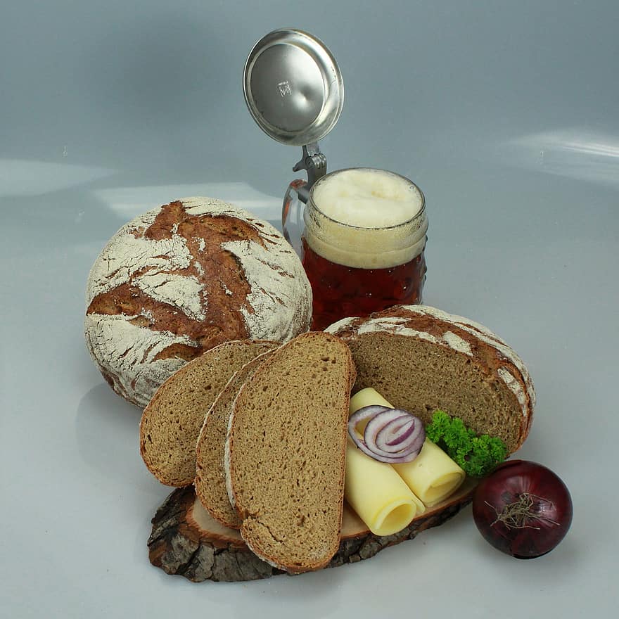 Ψωμί Starkbier, πρόχειρο φαγητό, γεύμα, φαγητό, ψωμί, Δυνατό ψωμί μπύρας, κρεμμύδι, τυρί, μπύρα, ποτό, Starkbier