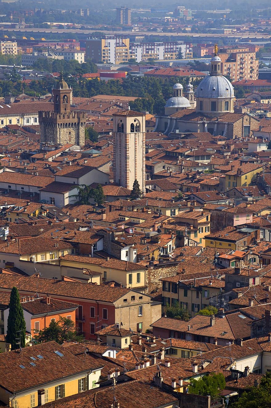 Brescia, Olaszország, légi felvétel, város, Lombardia, városkép, tető, építészet, híres hely, épület külső, kultúrák