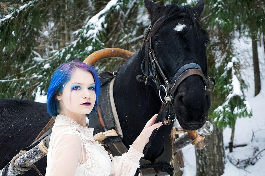 junge Frau, Pferd, Winter, Schnee, Wald, Natur, Modell-, bilden, Frau, eine Person, ländliche Szene