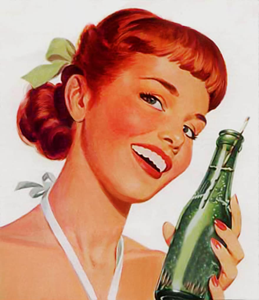 un soda, bouteille, anciennes annonces, ancien, modèle, femme peignant, fille, Dame Tête Rouge, boisson, rafraîchissement, Frais
