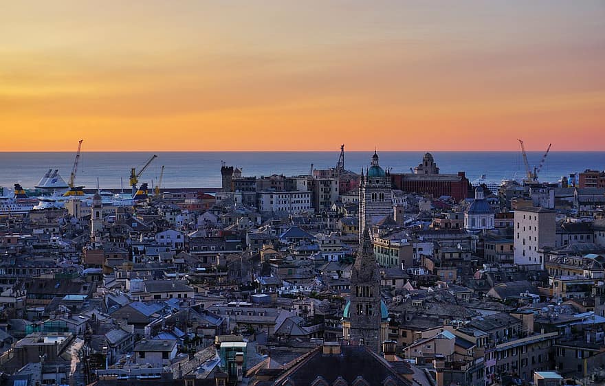 kaupunki, matkustaa, matkailu, Italia, siluetti, Eurooppa, historiallinen, Genova, liguria, auringonlasku