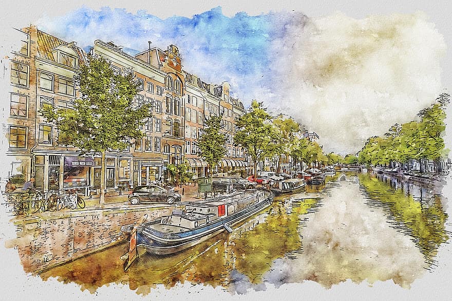 Амстердам, канал, гроза, город, небо, Нидерланды, отражение, смеркаться, свет, Голландский, лодки