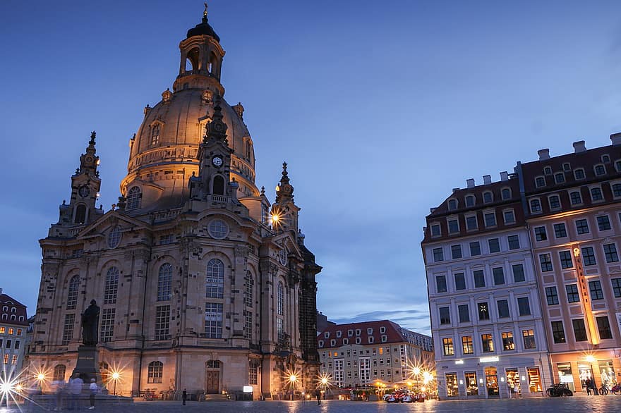 frauenkirche, baznīca, Drēzdene, pilsēta, vēsturiska, orientieris, fasāde, arhitektūra, ēkām, gaismas, iela