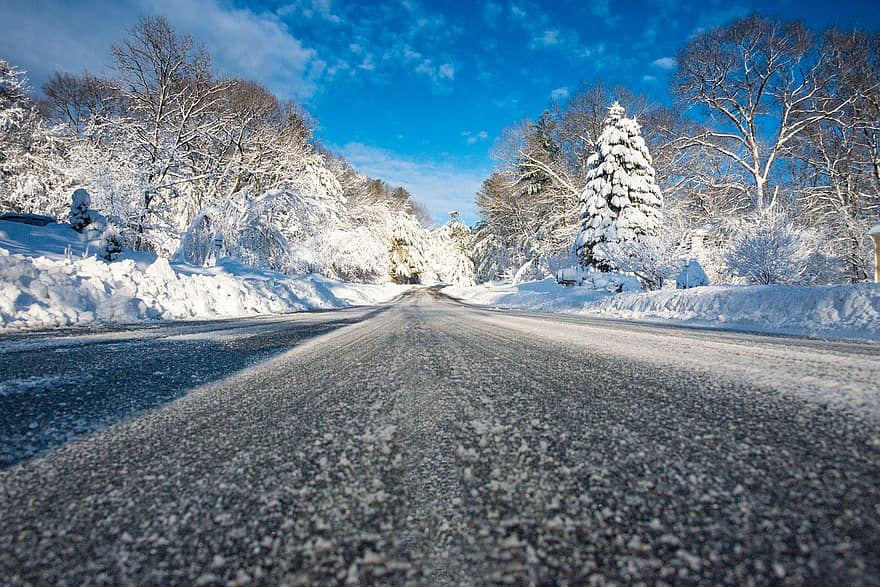 път, асфалт, сняг, дървета, гора, зима, Нова Англия, Саут Боро, Масачузетс, сезон, панорамен