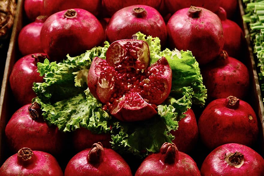 гранат, фрукти, виробляти, їжа, червоні фрукти, здоровий, вітаміни, урожай, ринку, впритул, смачно