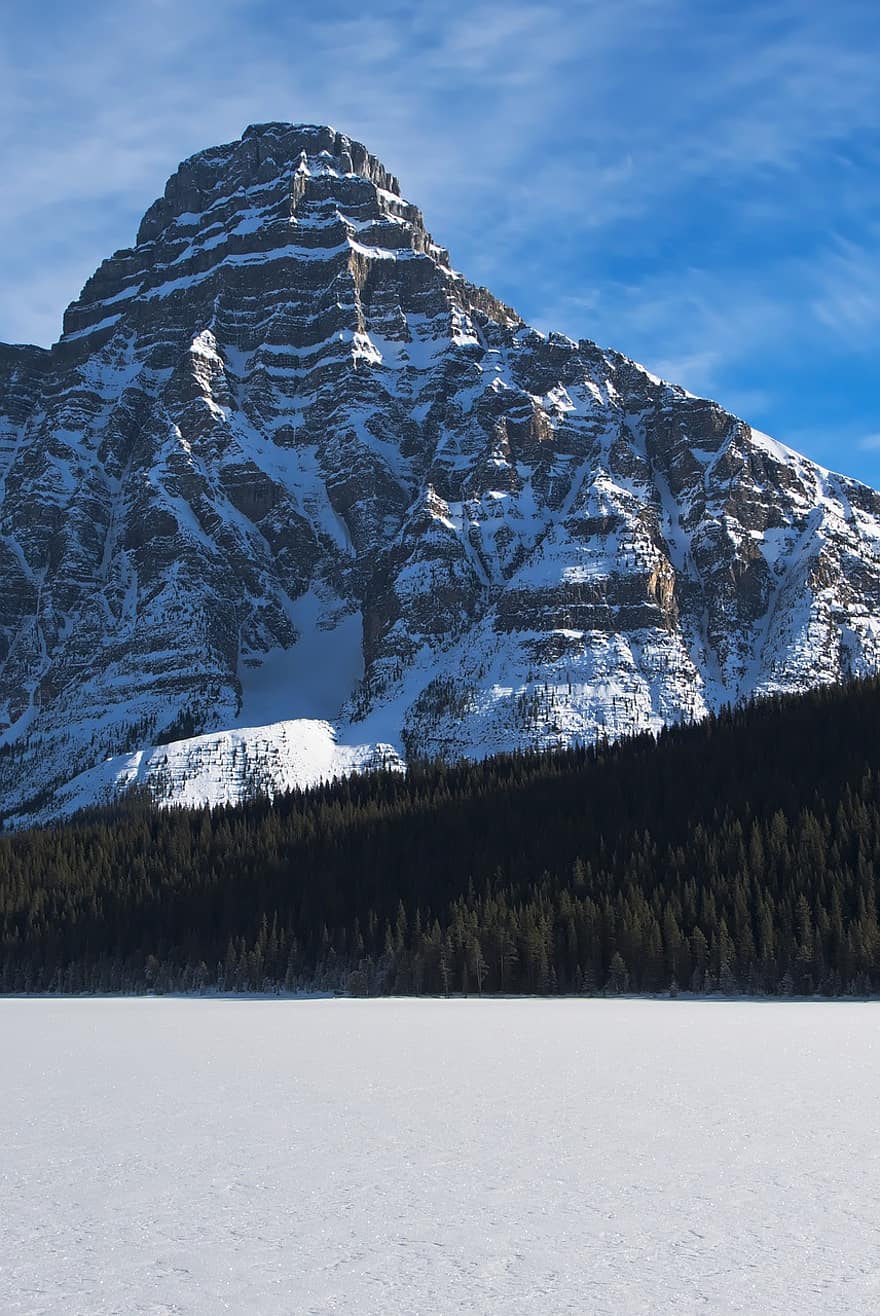 bergen, snö, soluppgång, vinter-, morgon-, landskap, bergskedja, landsbygden, isfält, alberta, kanada