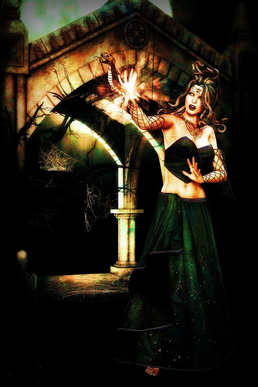 жінка, фея, дівчина, змія, волосся, зброю, казка, 3d, фантазія, магічний, Чорна фантазія