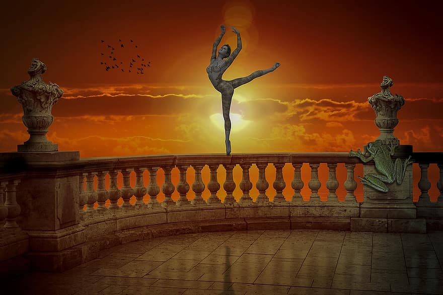 манипуляция, балерина, танцор, заход солнца, балкон, птицы