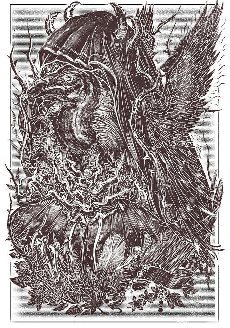 Creature, Horns, Devil, Wings, Feathers, Plumage, Death, Skeleton, Dead, Tattoo Design, Sketch