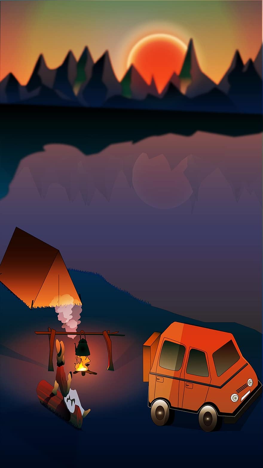 лагерь, соло, заход солнца, крепление, озеро, автомобиль, на открытом воздухе, оранжевый, отпуск, ilust, земной шар