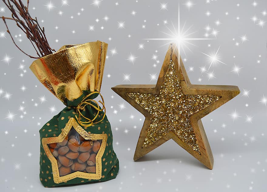 étoile, motif de noël, Noël, Étoile en bois, des noisettes, noisettes, cadeau, avènement, Saison de l'Avent, sac, barre