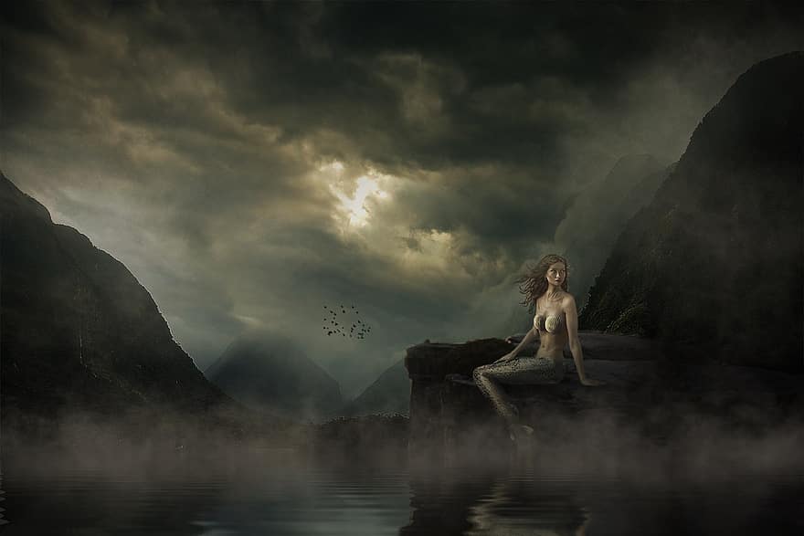 Meerjungfrau, Landschaft, Stimmung, mystisch, Wasser, Mystik, Wellen Kreise, Frau, weiblich, romantisch, Natur