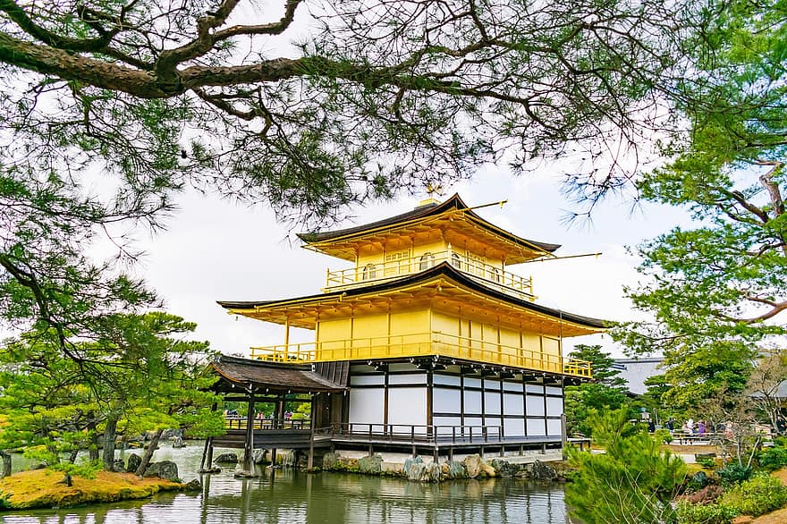 pavilon, tó, pagoda, fák, Kinkakudzsi, aranysárga, kyoto, Japán, építészet, tájékozódási pont
