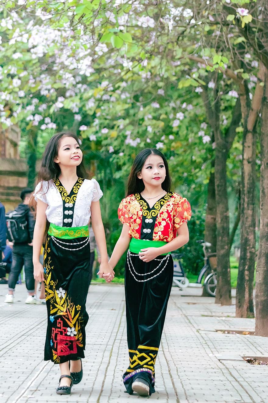 çocuklar, kızlar, geleneksel kostüm, sevimli, genç, çocukluk, Vietnam, çiçek festivali, bahar, portre, KADIN
