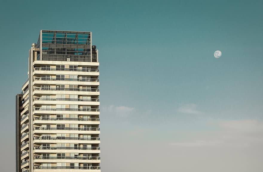 księżyc, gmach, budynek, arquitectura, edificio, luna, cielo, niebo, balkon