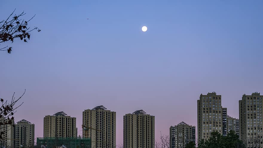 Afterglow, Moon, night, architecture, skyscraper, cityscape, building exterior, dusk, urban skyline, blue, built structure